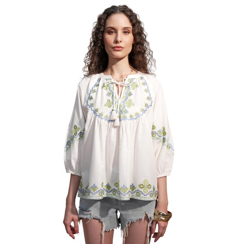 Vishudh Donne Top Bianco con Collo a Cravatta e Maniche Raglan Vvtp000028