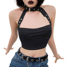 FlyCC Kvinna Sexy Choker Spänne Halterneck Crop Tube Top Rave Dance Cami Bandeau Top, Svart B, Large