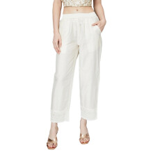 Kvinnor Broderade Rak Byxor, Off White, S