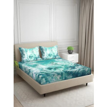 Signature Digital Print Abstract King Size Bedsheet - 100 X 108 Inches | 100% Cotton-Feel Soft Fabric | Fade-Resistant Colors | 2 Pillow Covers (Aqua