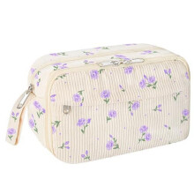 Purple Floral Corduroy Pencil Case, Large Zippered Pouch for School Supplies