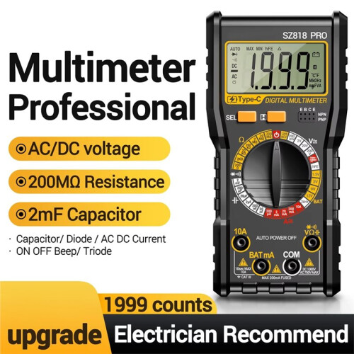 SZ818 PRO Digital Multimeter Type-C Charging AC/ Resistance Capacitor Frequency Detection Electrical Universal Meter 1