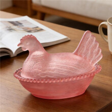 Pink Glass Candy Dish with Lid, Vintage Rooster Dessert Bowl for Kitchen