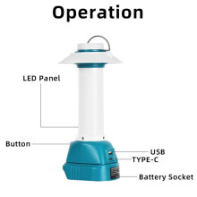 Linterna para Batería para 18V, Luz de Camping Portátil con USB/Tipo-C, Uso de Emergencia (Batería No Incluida)