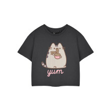 (Large) Pusheen Cropped Short Sleeved T-Shirt (Womens Grey)