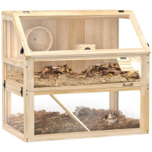 Wooden Hamster Cage with Detachable 31cm Deep Bottom, Hut, Seesaw, Exercise Wheel, Ramp, 80 x 50 x 76cm, Natural