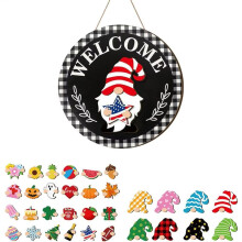 Interchangeable Wooden Gnome Welcome Sign Interchangeable Wooden Seasonal Sign Holiday Decor with Magnet Pieces A