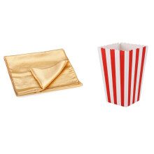 1x Runner Table Cloth Centre in Satin Gold 30 x 275 cm & 12 Cinema Stripes Treat Small Candy Favour Popcorn Bags Boxes