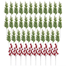 45Pcs Decorations Artificial Pine Branches Holly Berries Red Berry Stems for Xmas Tree Wreaths Gift Greenery