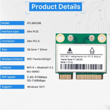 Tarjeta de Red WiFi 6 RTL8852BE con Antenas de 8 DBi y Adaptador AX1800 BT 5.2 PCI-e de Doble Banda de 2,4 G/5 GHz para Windows 10/11.