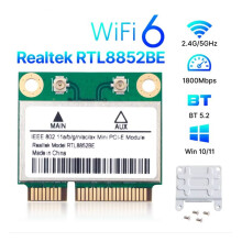 Tarjeta de Red WiFi 6 RTL8852BE con Soporte, Adaptador BT 5.2 PCI-e AX1800 de Doble Banda 2,4 G/5 GHz para Windows 10/11