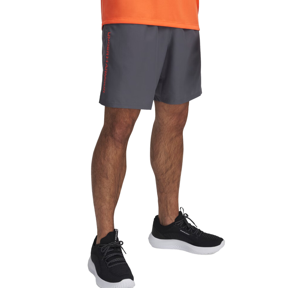 Under Armour (S, Castle Rock Grey) Mens Technical Wordmark Woven Shorts