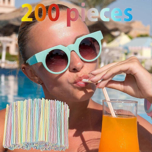200 Plastic Drinking Straws 8 Inches Long Multi-Colored Striped Bedable 1