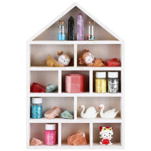 House Shaped Wooden Shadow Cubby Shelf, Wall Mount Display Curio Cabinet for Figure Collectible Decor