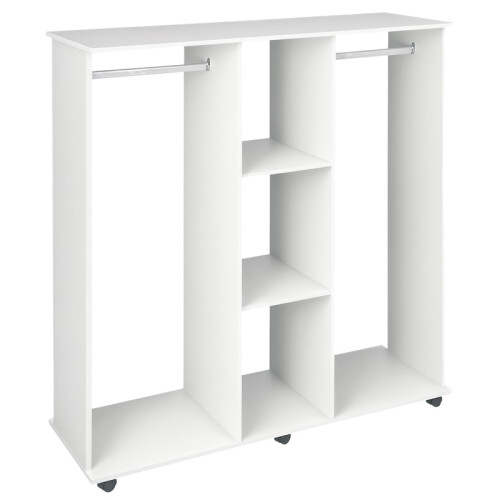 Open Wardrobe Double Mobile Storage Shelves Organizer W/6 Wheels-White