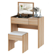 Dressing Table w/ Flip-Up Mirror & Cushioned Stool, Makeup Vanity Desk w/ Hidden Compartments & Storage Drawer, Convertible Writing Table, Natural