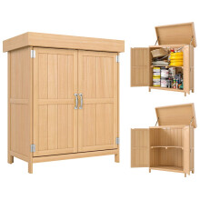 Small Shed, Wooden Garden Shed w/ Openable Hinged Roof & Removable Shelf, Outdoor Tool Storage Cabinet, Double Doors, 74x43x88cm, Natural Wood