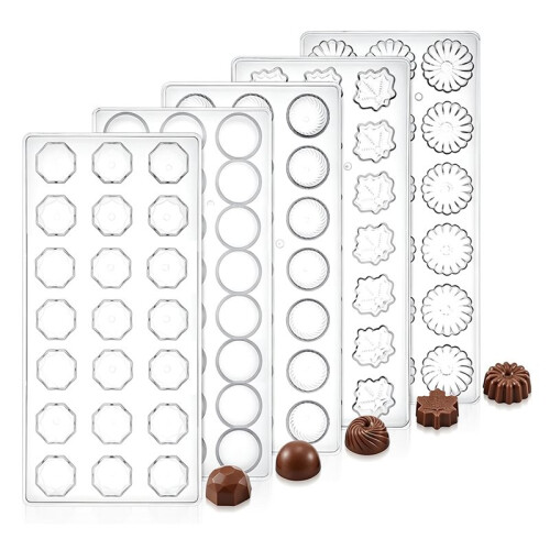5 Pack Polycarbonate Chocolate Mold Set, 105 Cavities Candy Making Molds, Cookie Tray for Semi-Circle, Daisy