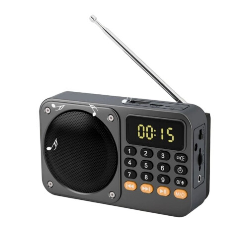 Rádio FM Digital Portátil USB TF MP3 Player com Lanterna LED e Display Cinza