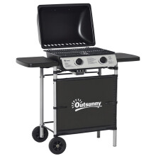 2 Burner Gas BBQ Trolley with Lid, 5.6 kW Gas Barbecue Grill with Wheels, Side Shelves, Black