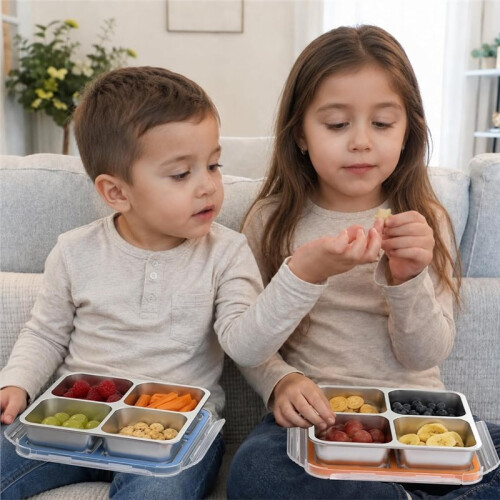 4Pack RVS Snackcontainers, 4 Compartimenten Metalen Snackcontainers met Deksel, Compacte Voedselopslagdozen 1