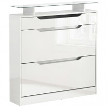 Shoe Storage Cabinet with Slide Out Drawer, 2 Flip Doors, Tempered Glass Top - White