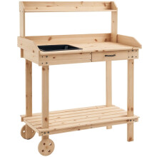 Garden Potting Bench Table, Wooden Work Station, Outdoor Planting Workbench with 2 Wheels, Sink, Drawer & Large Storage Spaces, 92x45x119cm