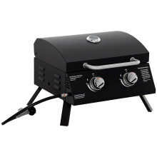 2 Burner Gas BBQ Grill Outdoor Portable Folding Tabletop Barbecue w/ Lid, Thermometer, Carbon Steel, Black