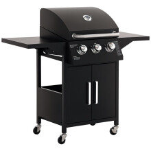 3 Burner Gas BBQ Grill 8.7 kW Outdoor Portable Barbecue Trolley w/ Warming Rack, Side Shelves, Cabinet, Black
