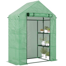 Walk-In Greenhouse w/ Shelves, Portable Plant Grow House, 2-Tier Shelf, Roll-Up Zippered Door, PE Cover, 141x72x191cm, Green