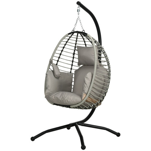 Single Rattan Hanging Egg Chair, with Seat Cushion - Grey 1