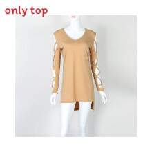 (Khaki, M) V Women Deep Neck Cutout Long Sleeve Top Fashion High Split Shirt Long Tunic