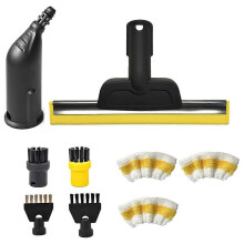 Accessoires voor stoomreinigers SC1, SC2, SC3, SC4 en SC5: ronde borstel, verbindingsborstels, raamwisser en microvezeldoek.