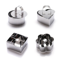 Conjunto de 4 aros para bolo e mousse, em aço inoxidável, com garfos, ideal para mini cheesecakes e sobremesas. Inclui empurr