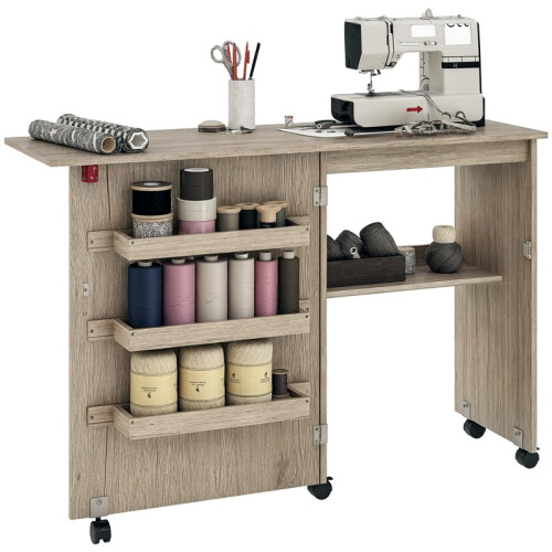 Folding Sewing Table, Drop Leaf Craft Table w/ Storage Bins, Open Shelf & Wheels, Rolling Sewing Machine Cabinet Desk for Small Space, Grey