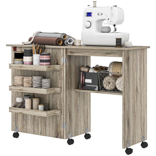Folding Sewing Table, Drop Leaf Craft Table w/ Storage Bins, Open Shelf & Wheels, Rolling Sewing Machine Cabinet Desk for Small Space, Grey 1