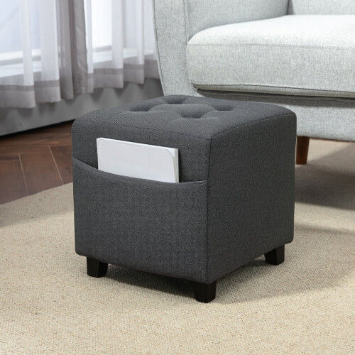 (Grey, Polyester) Grey Square Linen Footstool with Side Pocket 1