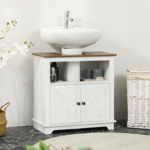 (White, Engineered Wood) White Under-Sink Vanity Unit 60x30x60cm 1