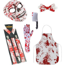 6Pcs Bloody Halloween Costume Set Apron Mask Suspenders Bowtie Glove Prop Butcher Cosplay Accessory