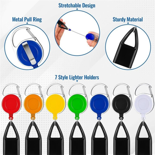 14 PCS 7 Colors Retractable Lighter Case Holder Keychain , Stretchable Lighter Case with Belt Clip