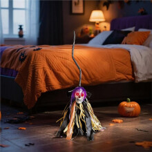 Balai de Sorcière Décor Halloween - Balai Animé Lumineux avec Sons Effrayants, Magie Dansante pour le Porche