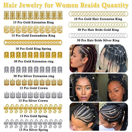Set di Gioielli Dreadlock & Loc da 262 Pezzi per Donne, Ciondoli e Anelli per Capelli In Oro e Argento per Trecce, Regolabili 1