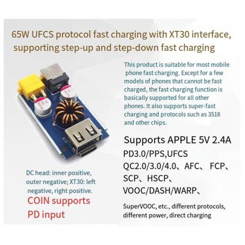 USB Type C Fast Charge Module 65W  9V-35V Step-Down Converter, Supports QC4.0 PD2.0/3.0 with XT30 Input Module 1