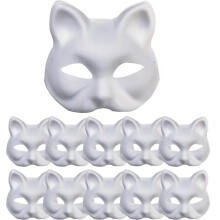 10PCS Cat Therian Mask White Paper Pulp Cat Masks to Paint Animal Half Facemasks for Masquerade,Halloween Party
