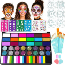 42-Color Face Paint Kit with Split Cake,Glitter & UV Face Paint Water-Activated Formula for Halloween,Birthday Parties