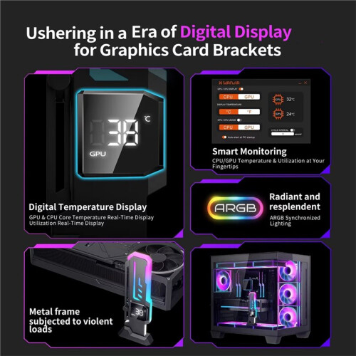 2X Z-X7 PRO ARGB GPU Holder Bracket with Digital Temperature Display 5V 3Pin ARGB  Card Holder Adjustable Height