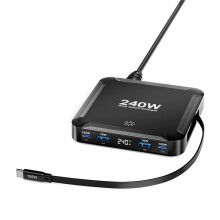 240W GaN Charger Digital Display Fast Charging Station with 100W USB C Retractable Cable for Smartphones EU Plug