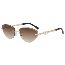 (Gold Gray GradientTea)Pearl Metal Frameless Cat Eye Sunglasses With Uv400 Protection For Fashion Travel Outdoor