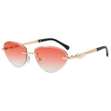 (Gold GradientPink)Pearl Metal Frameless Cat Eye Sunglasses With Uv400 Protection For Fashion Outdoor Travel