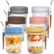 6 Pack Overnight Oats Containers with Lids and Spoons,16 Oz Airtight Glass Mason Jars,for Yogurt, Salad, Chia Pudding
